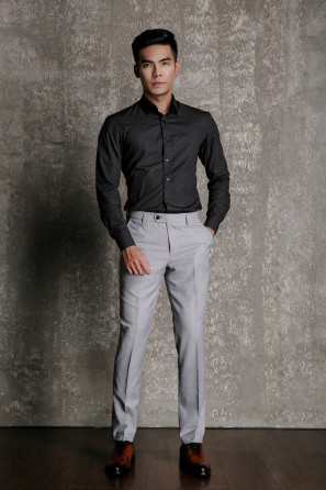 Black Dotted Shirt With Light Gray Trousers
